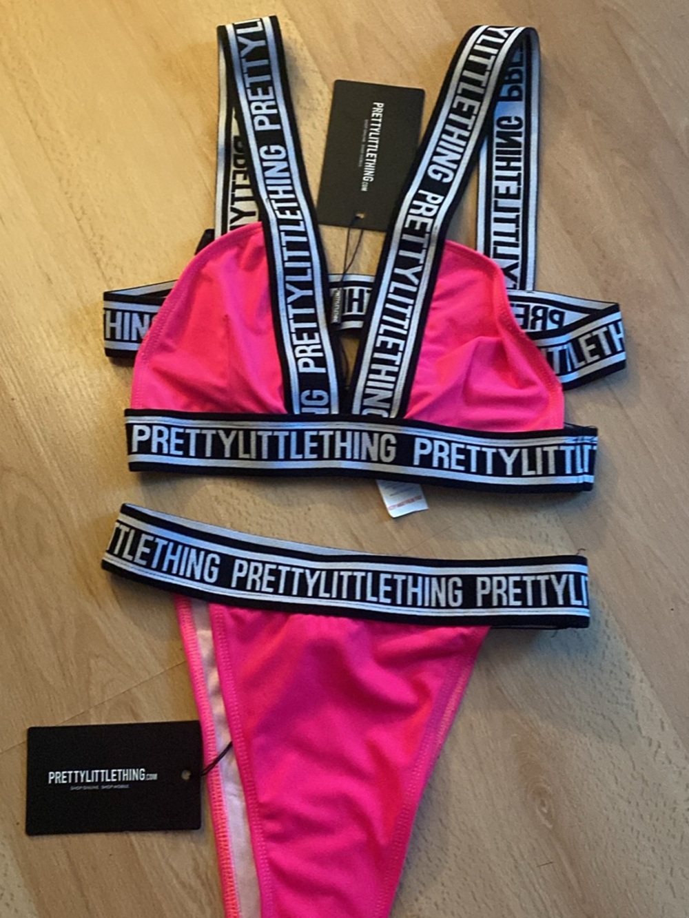 PrettyLittleThing Hot Pink Branded Elastic Bikini Set